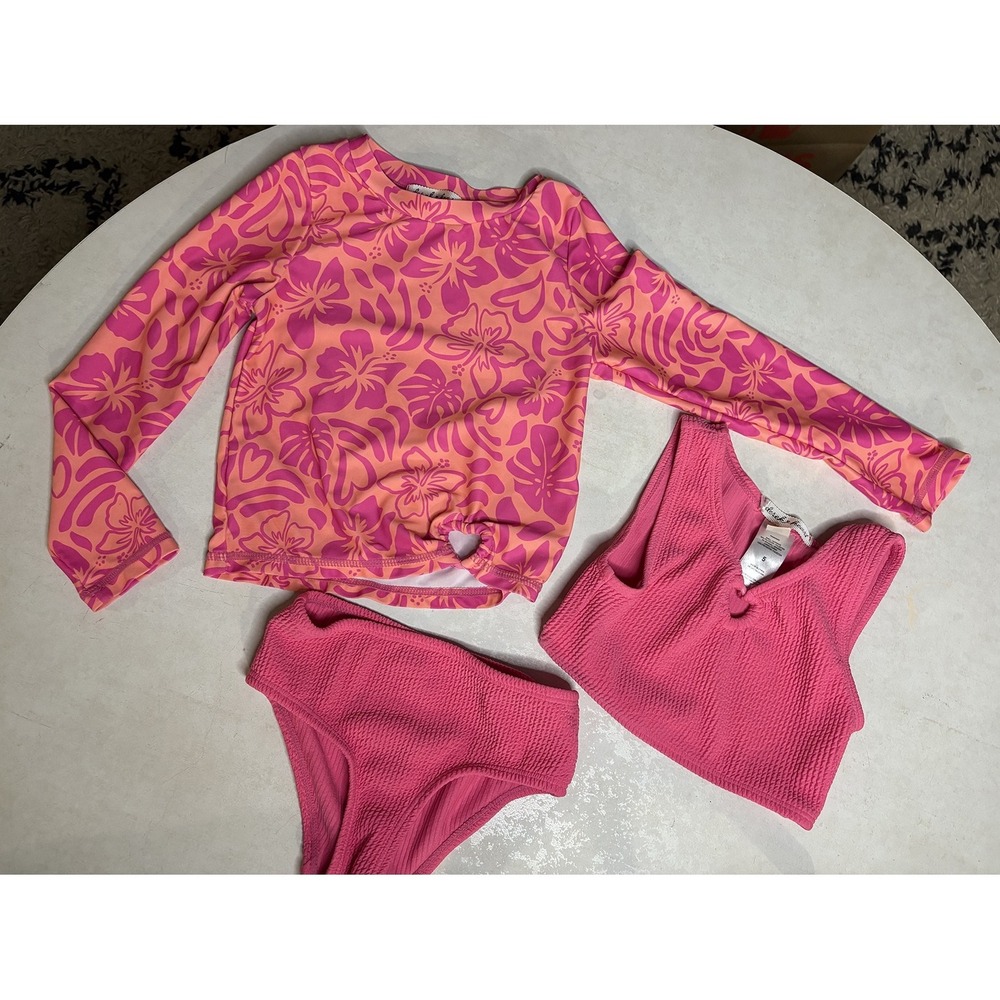 Derek Heart Girls 3-Piece Swimsuit Set Pink Orange Floral Rash Guard Smocked 5